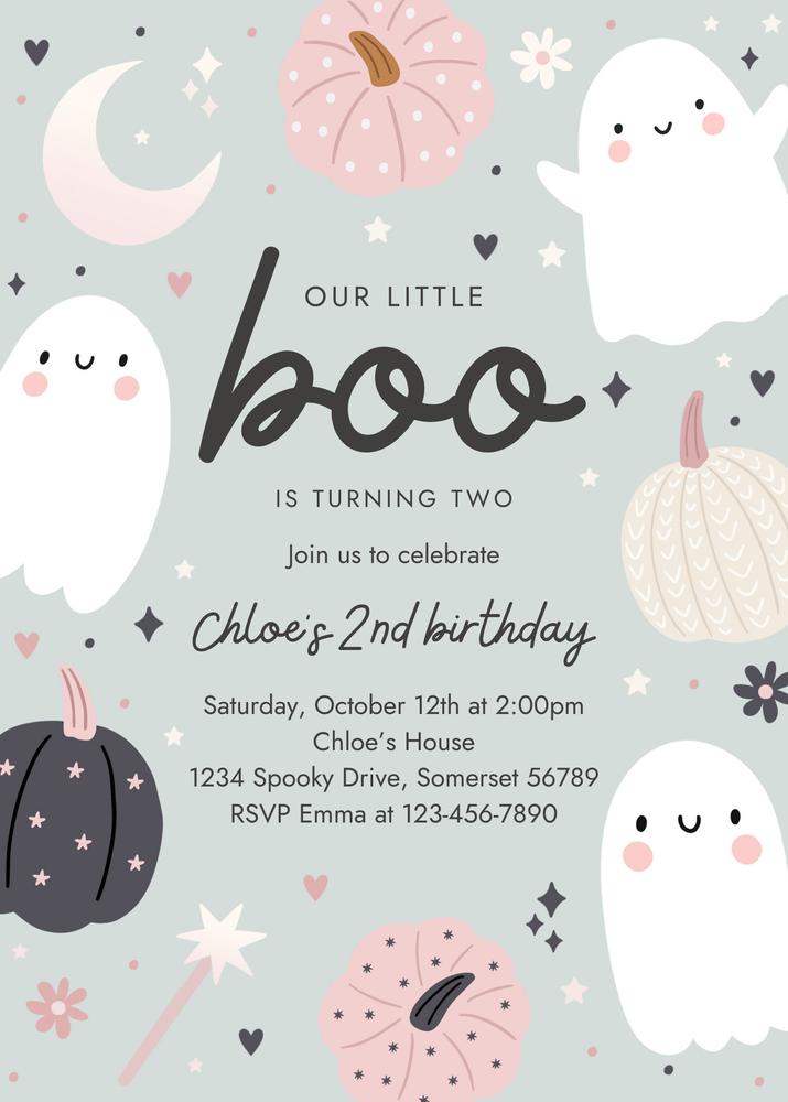 Little Boo Ghost 2nd Birthday Invitation | Boho Groovy Halloween Canva Template