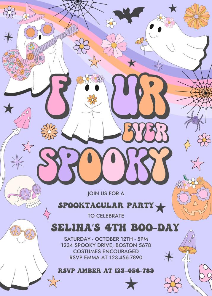 Four Ever Spooky Ghost 4th Birthday Invitation | Editable Canva Template