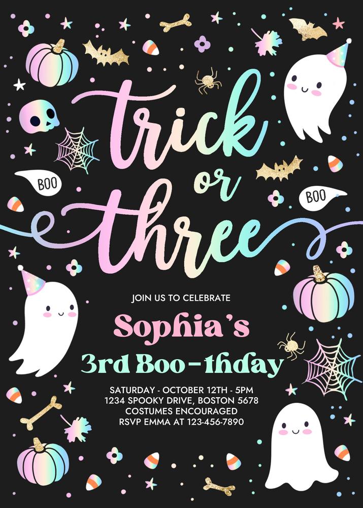 Editable 3rd Birthday Ghost Invitation | Trick or Three Halloween Canva Template