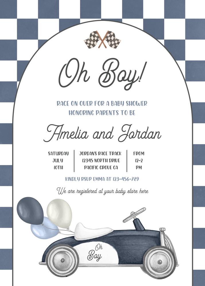 Vintage Race Car Baby Shower Invitation | Editable Canva Template | Oh Boy RC2