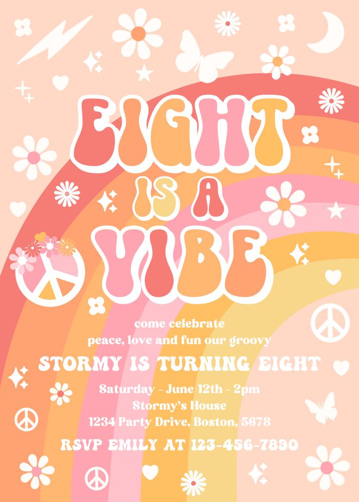 Eight Is A Vibe Groovy 8th Birthday Invitation | Retro 70s Rainbow Canva