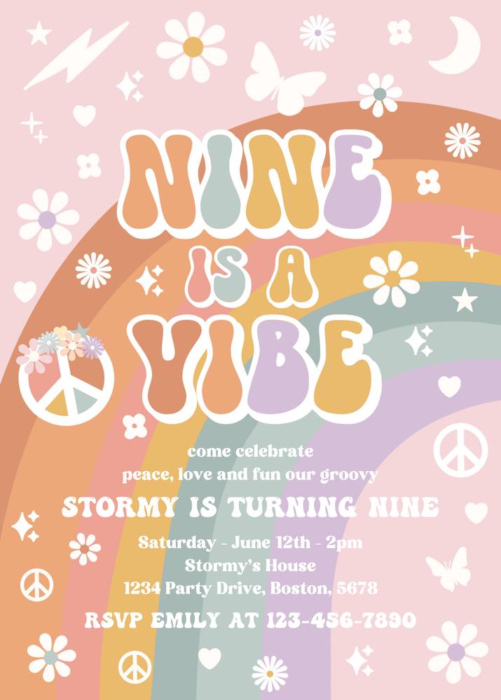 9th Birthday Invitation | Nine is a Vibe Groovy Boho Rainbow Canva Template