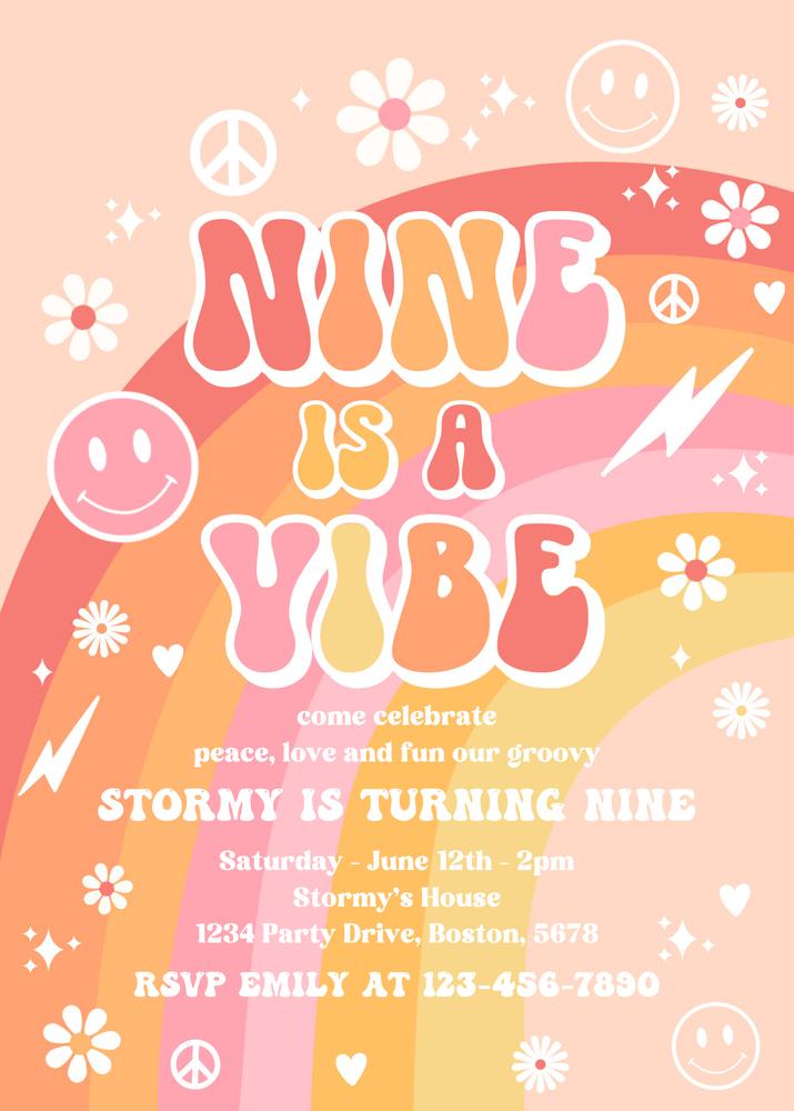 Nine Is a Vibe Birthday Invitation | Editable 70s Groovy 9th Birthday Template
