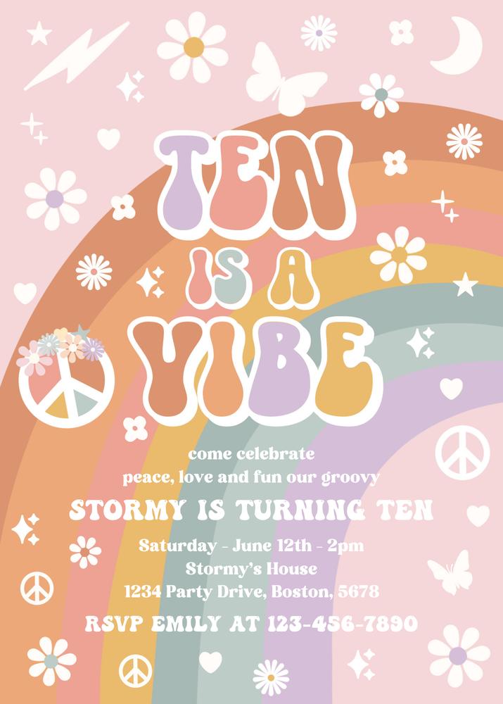 Ten Is A Vibe Groovy 10th Birthday Invitation | Editable Canva Template