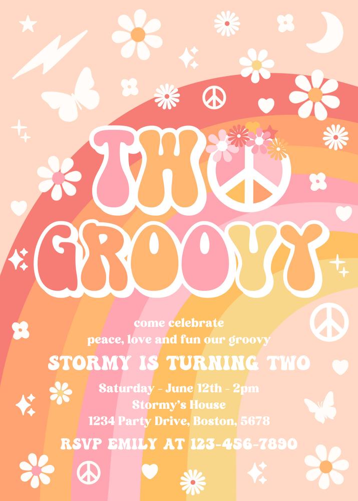 Two Groovy 2nd Birthday Invitation | Editable Canva Template Peace & Love