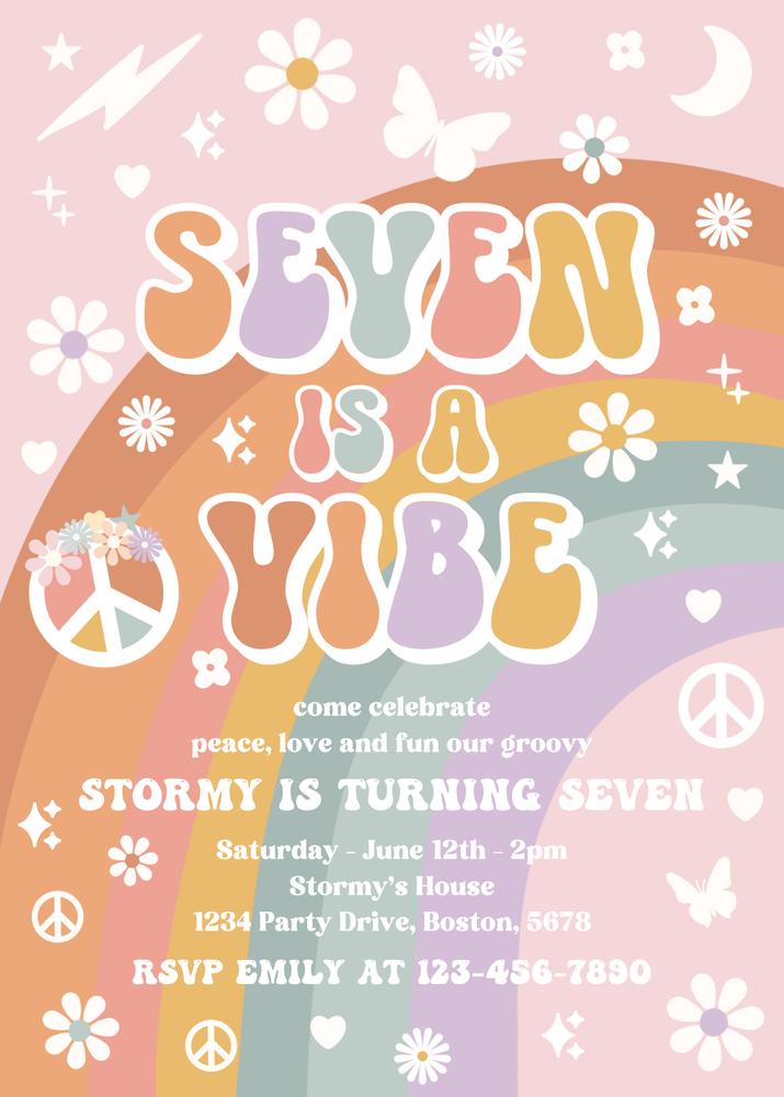 Seven Is A Vibe Groovy 7th Birthday Invitation | Editable Canva Template