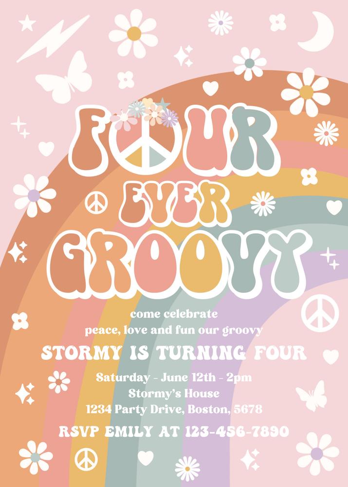 Editable Four Ever Groovy 4th Birthday Invitation - Retro Rainbow Canva Template
