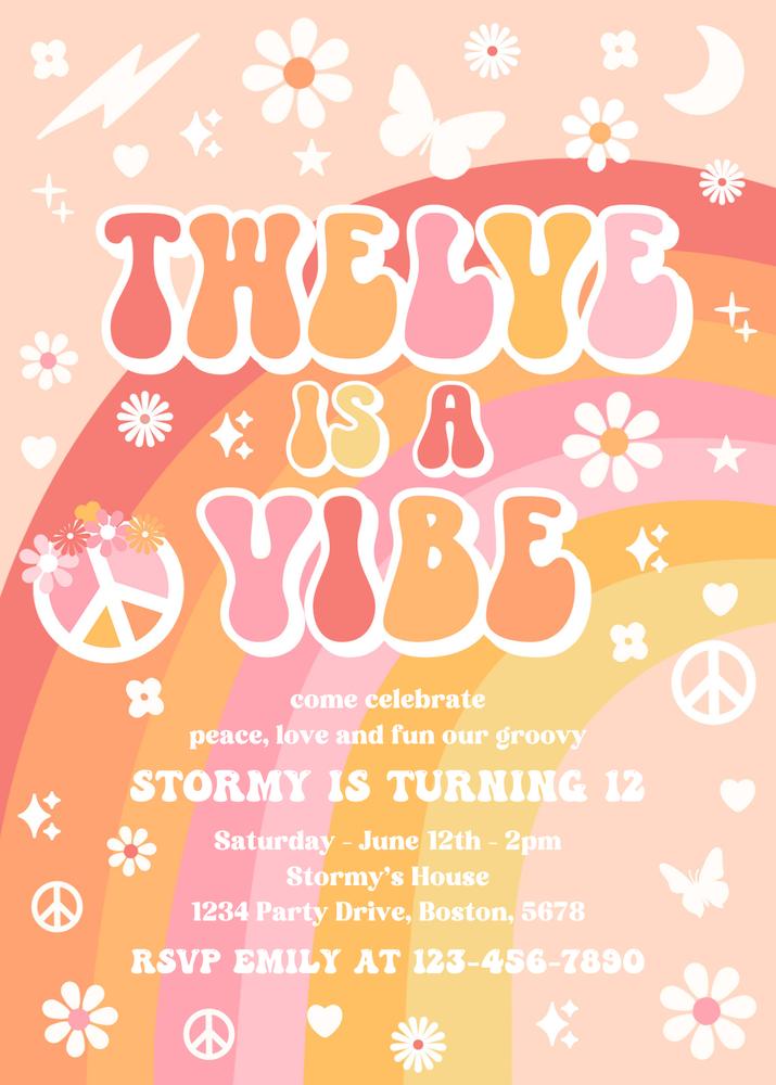 Twelve Is A Vibe Groovy 12th Birthday Invitation | Editable Canva Template