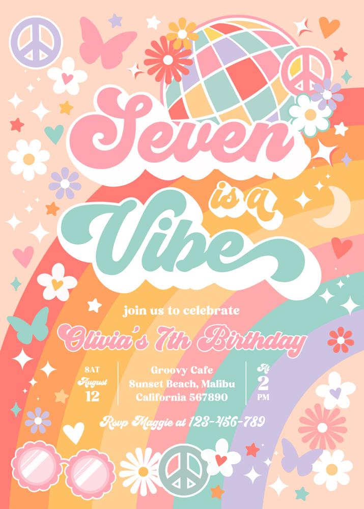 Seven Is A Vibe 7th Birthday Invitation | Groovy Hippie Rainbow Canva Template