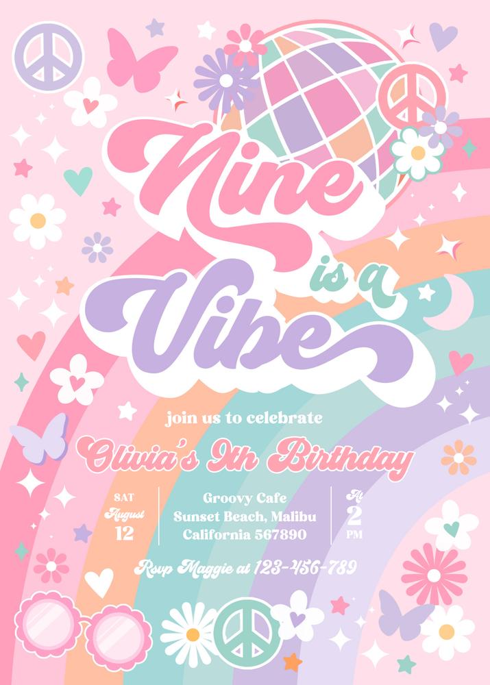 Nine Is A Vibe 9th Birthday Invitation | Groovy Rainbow Boho Canva Template