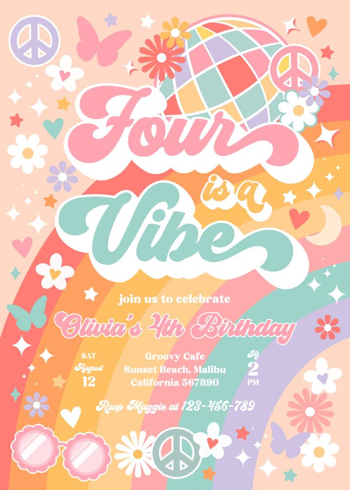 Editable 4th Birthday Invitation - Groovy Four Is A Vibe Rainbow Template