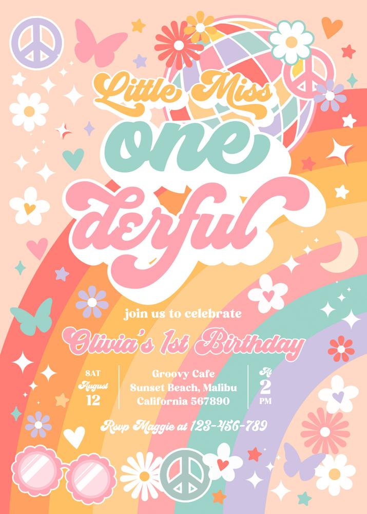 Little Miss Onederful 1st Birthday Invitation | Retro Daisy Canva Template