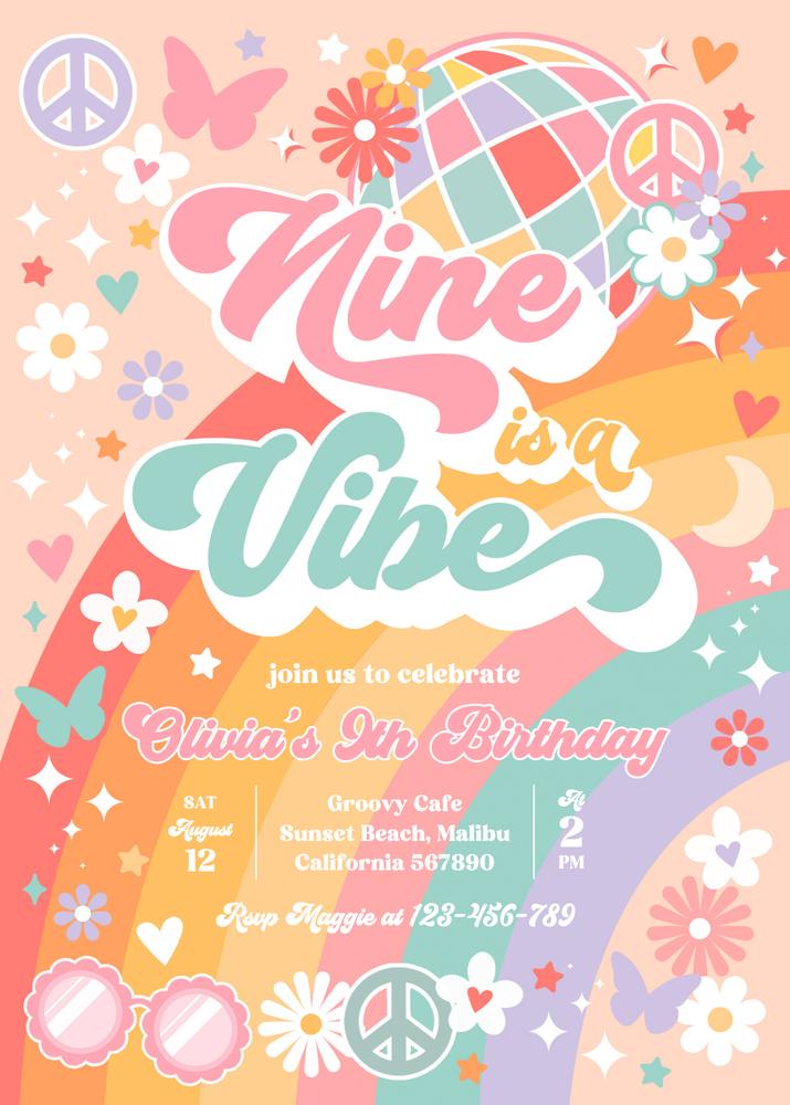 Nine Is A Vibe 9th Birthday Invitation | Groovy Rainbow Hippie Canva Template