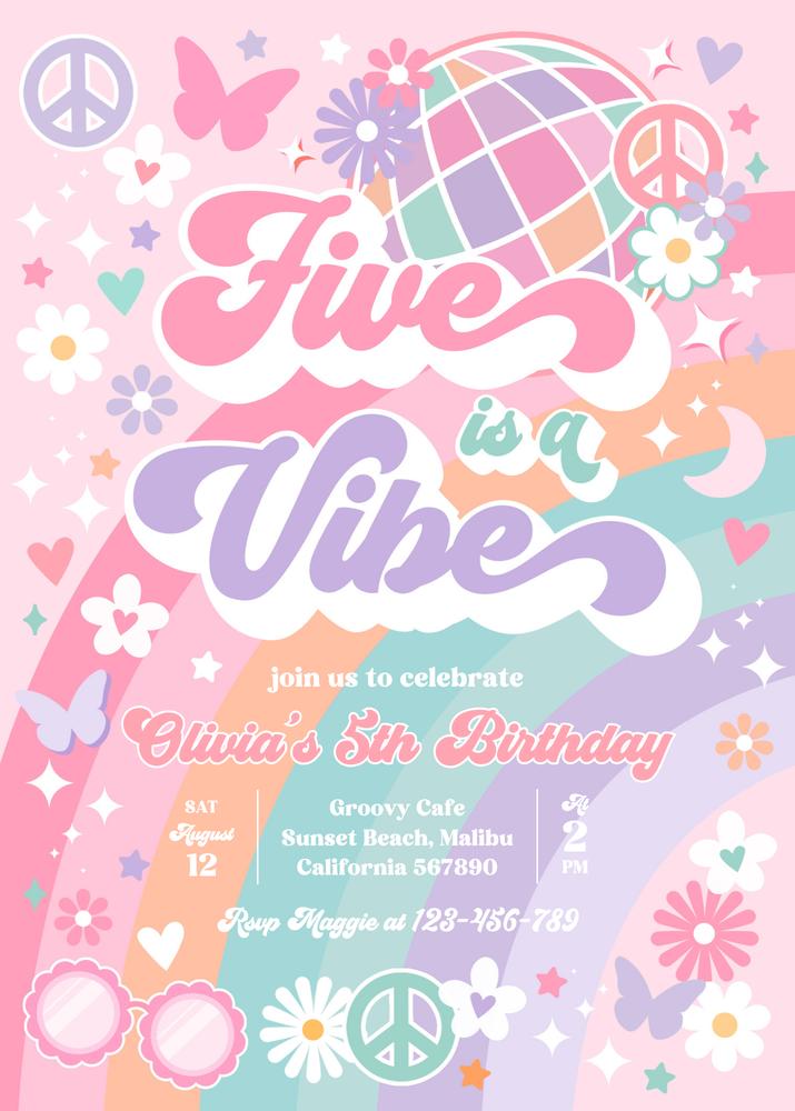 Groovy Five Is A Vibe 5th Birthday Invitation | Editable Rainbow Canva Template