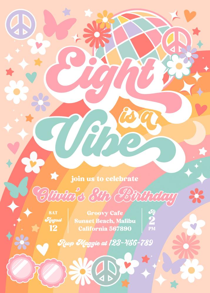 Eight is a Vibe 8th Birthday Invitation | Retro Groovy Rainbow Canva Template