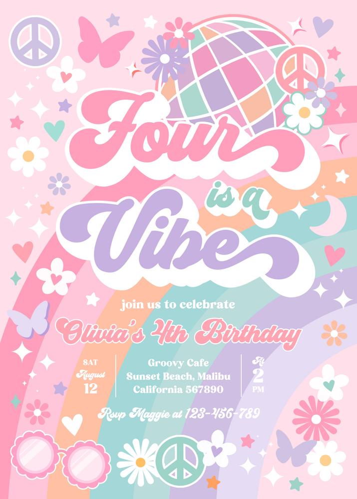 Four Is A Vibe 4th Birthday Invitation | Groovy Rainbow Hippie Canva Template