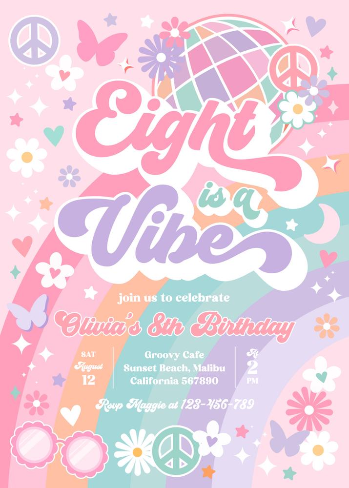 Eight Is A Vibe 8th Birthday Invitation | Editable Groovy Rainbow Sunshine Template