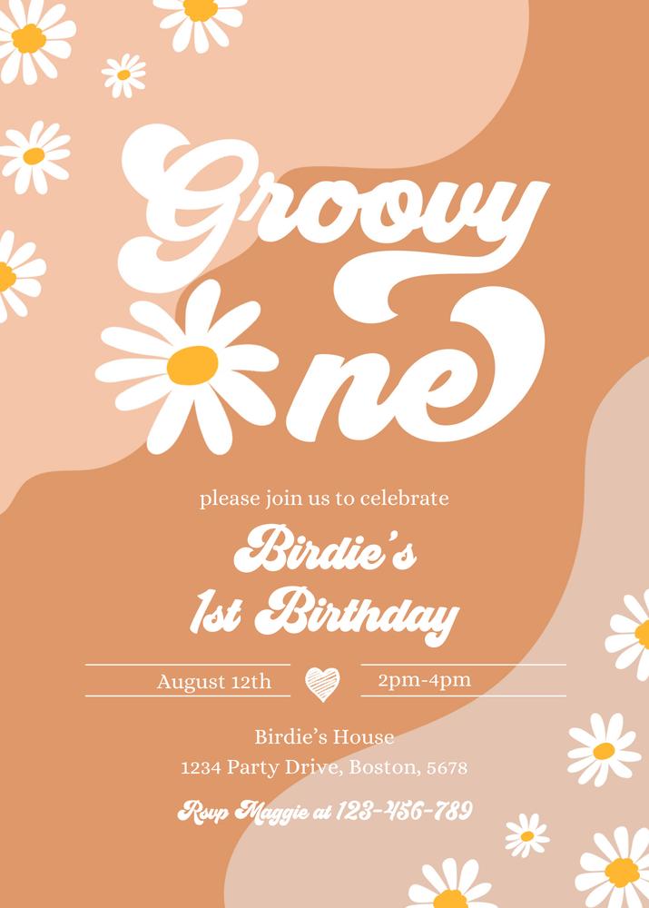 Editable Groovy One 1st Birthday Invitation - Boho Retro Daisy Canva Template