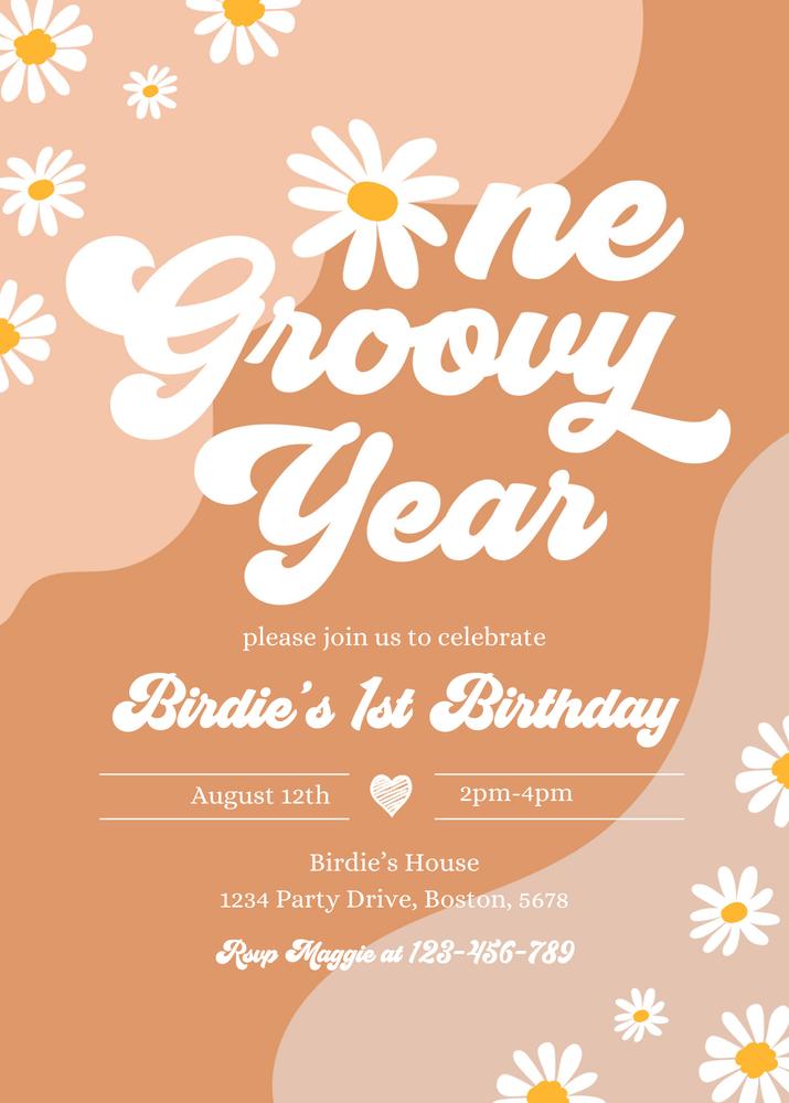 One Groovy Year 1st Birthday Invitation | Boho Retro Daisy Canva Template
