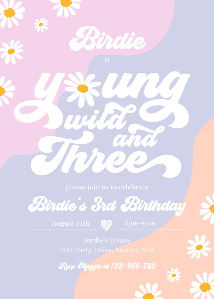 Young Wild and Three Birthday Invitation | Boho Daisy Groovy 3rd Birthday Canva