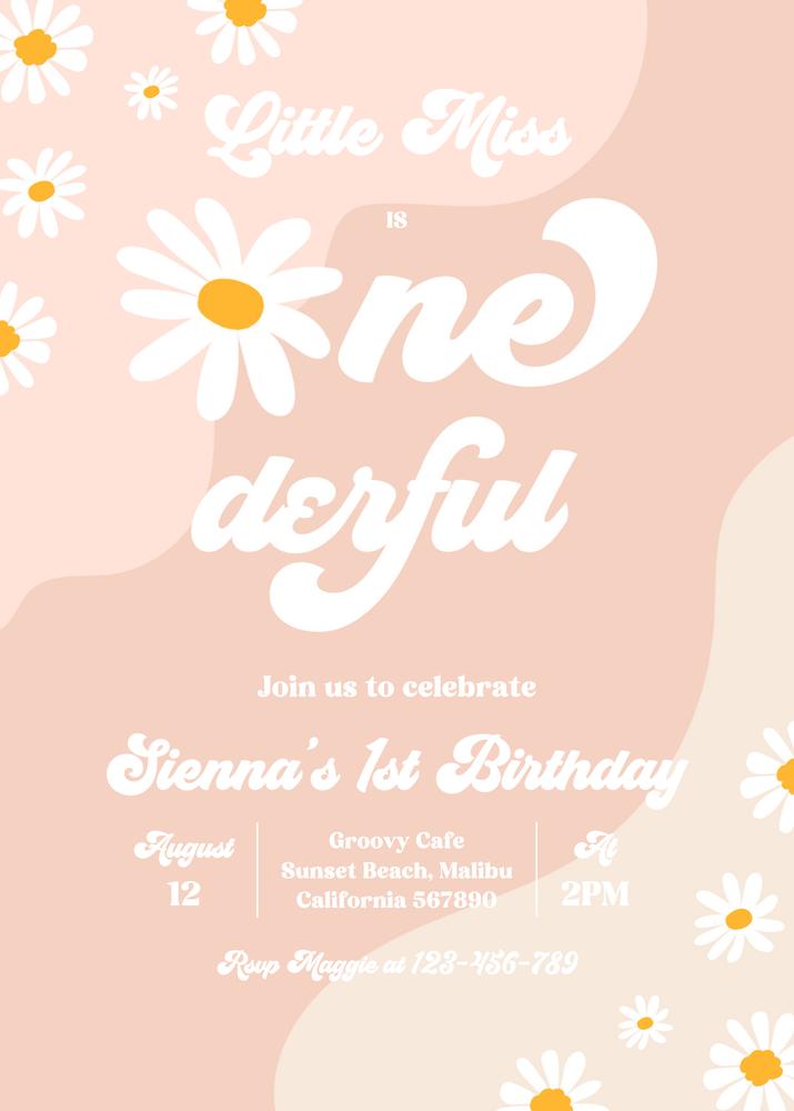 Little Miss Onederful 1st Birthday Invitation | Boho Groovy Daisy Canva Template