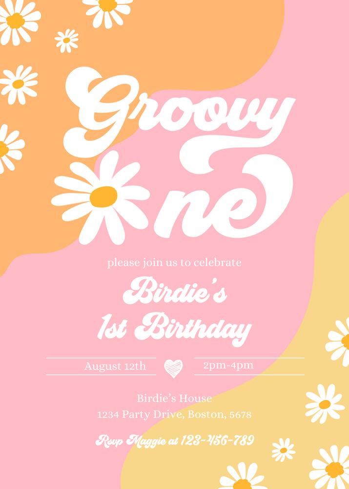 Groovy One 1st Birthday Invitation | Retro Boho Daisy Floral Canva Template