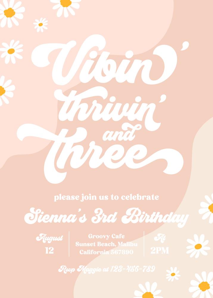 Groovy 3rd Birthday Invitation | Editable Boho Daisy Hippie Canva Template