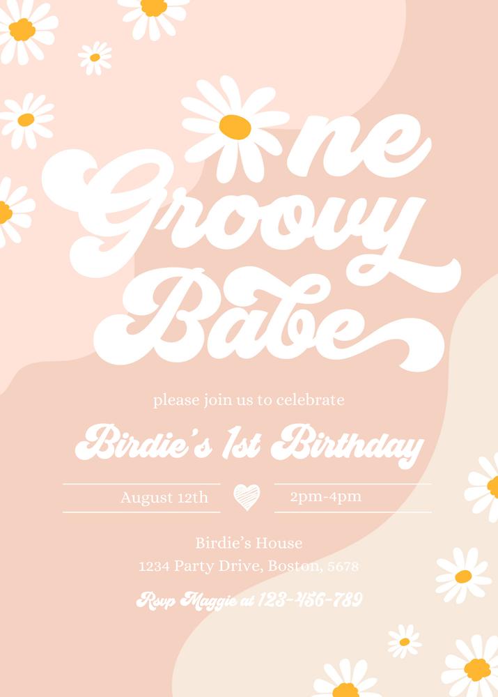 One Groovy Baby 1st Birthday Invitation | Retro Boho Daisy Canva Template