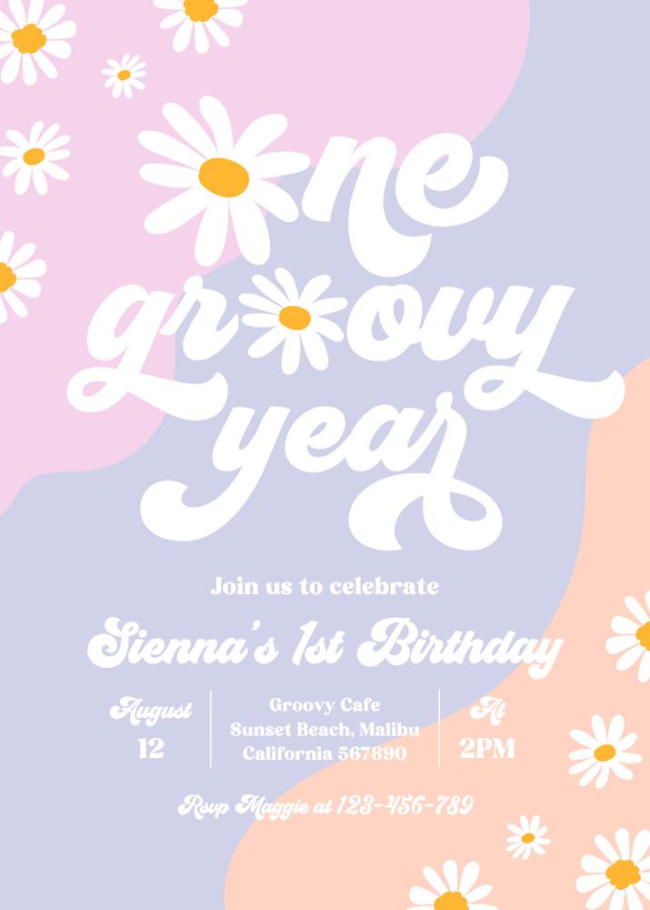 Editable Retro One Groovy Year 1st Birthday Invite | Boho Daisy Canva Template