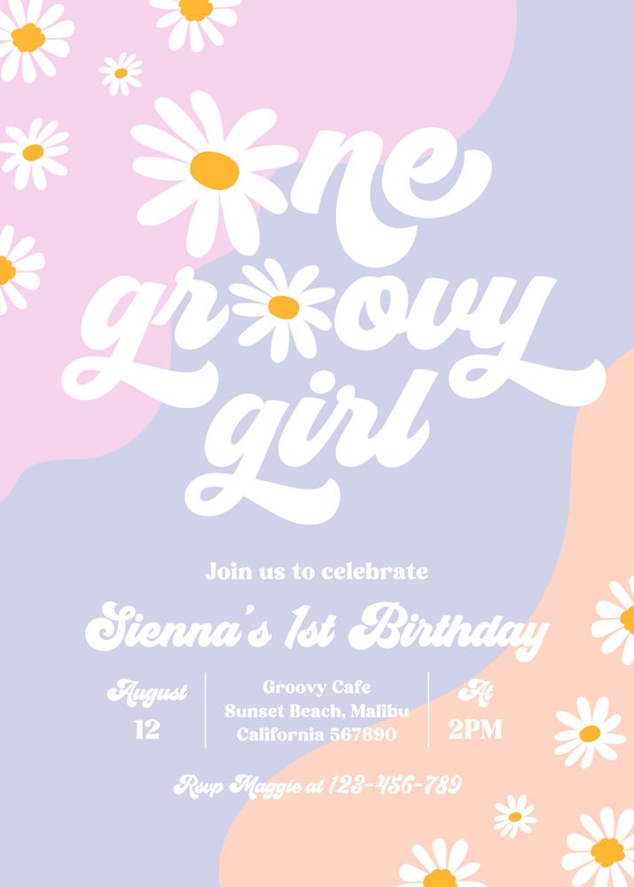 One Groovy Girl 1st Birthday Invitation | Boho Retro Daisy Canva Template