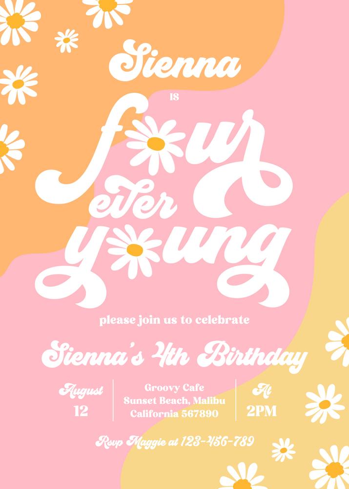 Editable Four Ever Young 4th Birthday Invitation | Groovy Boho Daisy Canva Template