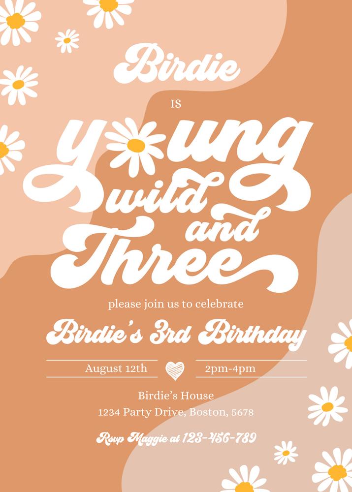 Young Wild and Three Birthday Invitation | Boho Daisy Groovy 3rd Birthday Canva
