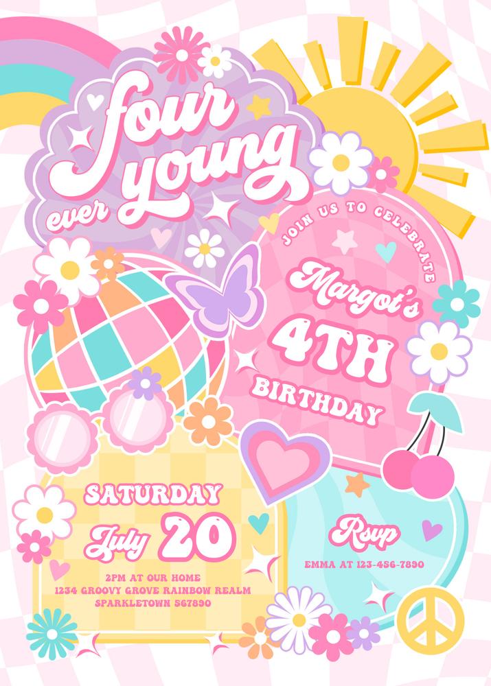Four Ever Young 4th Birthday Invitation | Editable Groovy Rainbow Canva Template