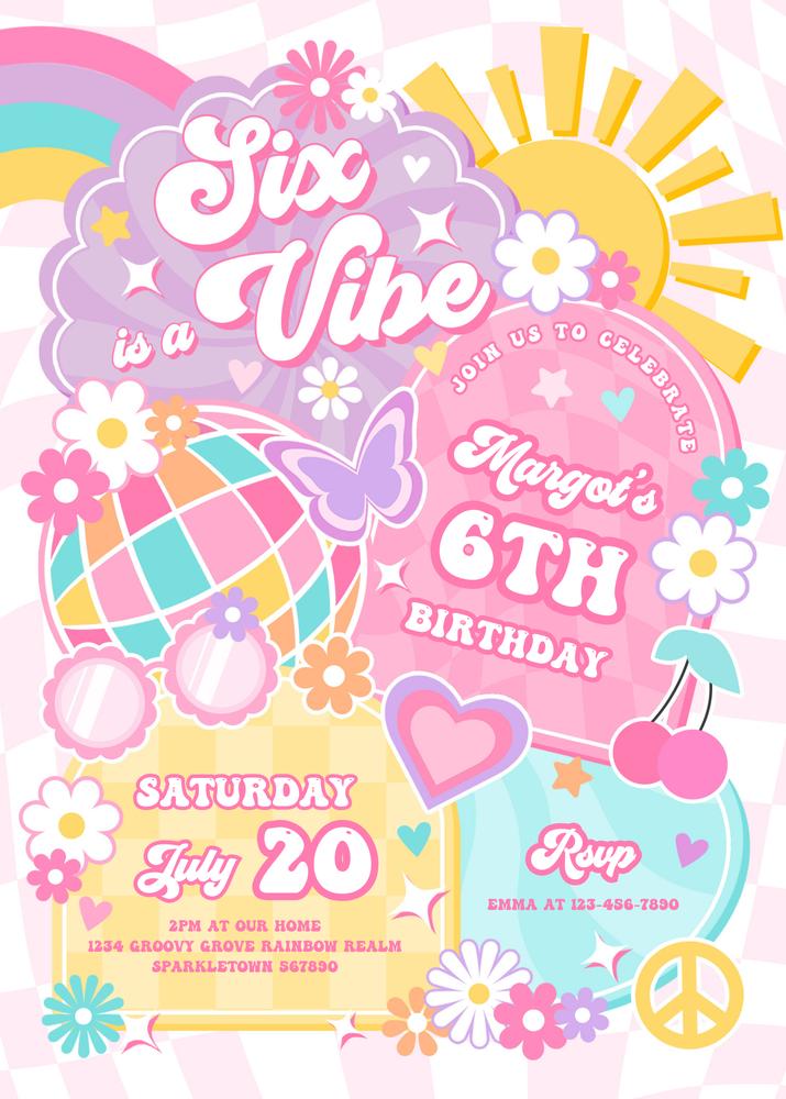 Groovy Six Is A Vibe 6th Birthday Invitation | Retro Rainbow Canva Template