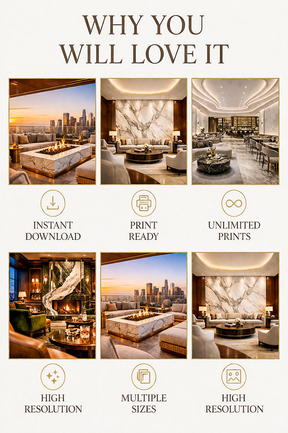 Modern luxury interior design inspiration featuring marble feature walls, walnut paneling, brass accents, hospitality lounge decor, high-end restaurant interiors, rooftop terrace sunset lounge, executive office design, and contemporary fireplace seating a
