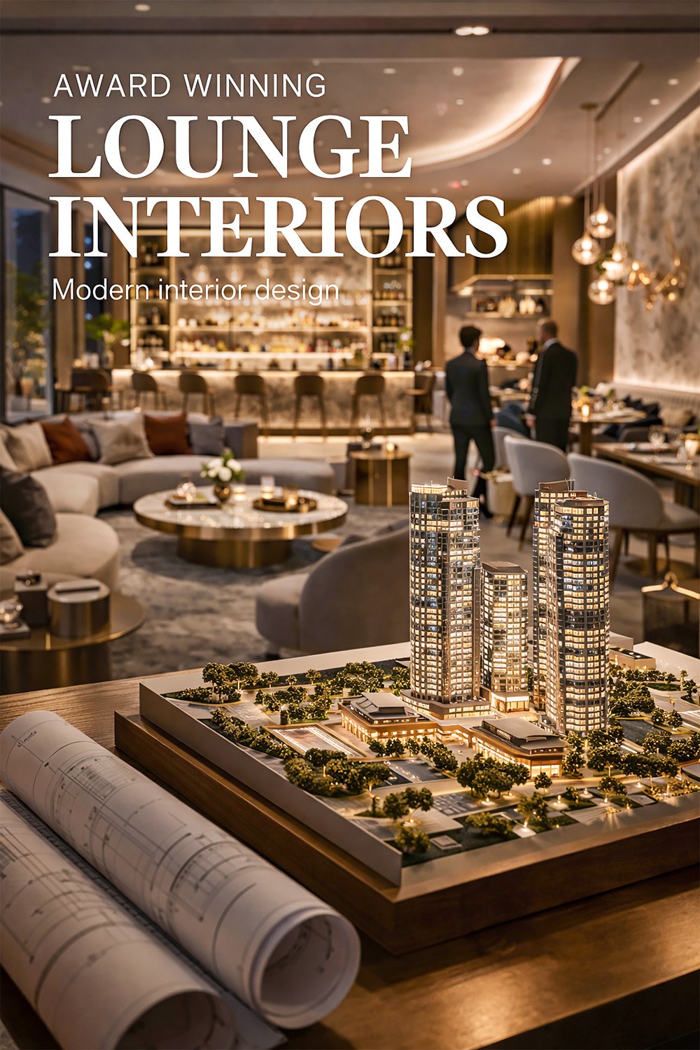 Modern luxury interior design inspiration featuring marble feature walls, walnut paneling, brass accents, hospitality lounge decor, high-end restaurant interiors, rooftop terrace sunset lounge, executive office design, and contemporary fireplace seating a