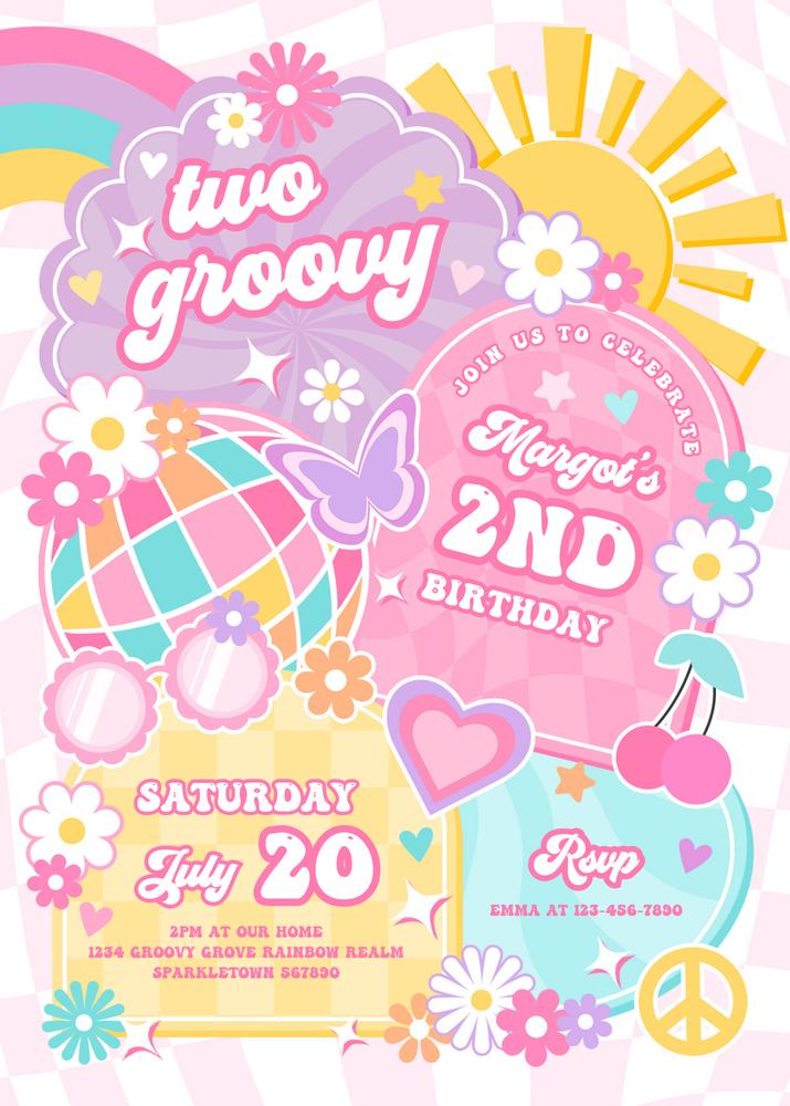 Two Groovy 2nd Birthday Invitation | Editable Canva Retro Rainbow Template