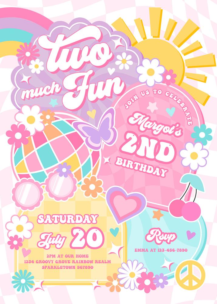 Two Much Fun 2nd Birthday Invitation | Editable Groovy Hippie Rainbow Template