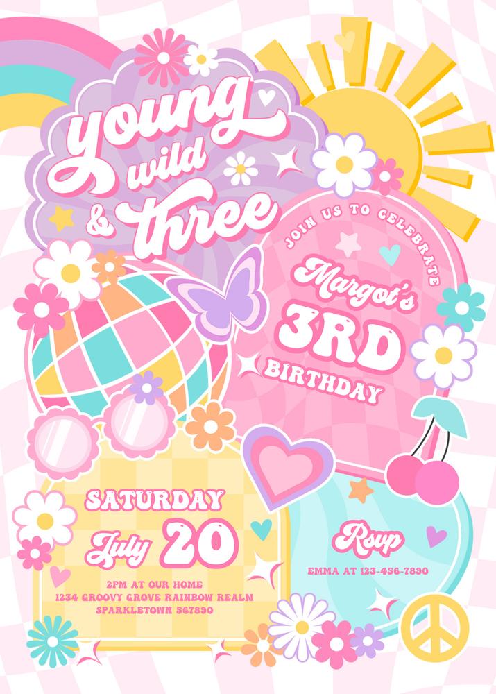 Young Wild and Three 3rd Birthday Invitation | Groovy Rainbow Canva Template