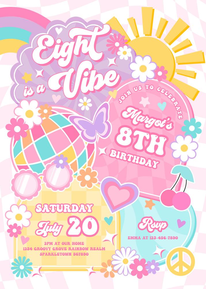 Eight Is A Vibe 8th Birthday Invitation | Groovy Rainbow Canva Template