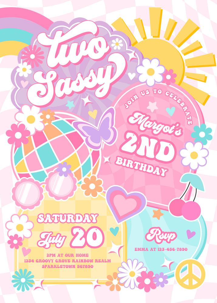 Editable Groovy Two Sassy 2nd Birthday Invitation - Rainbow Boho Hippie Template