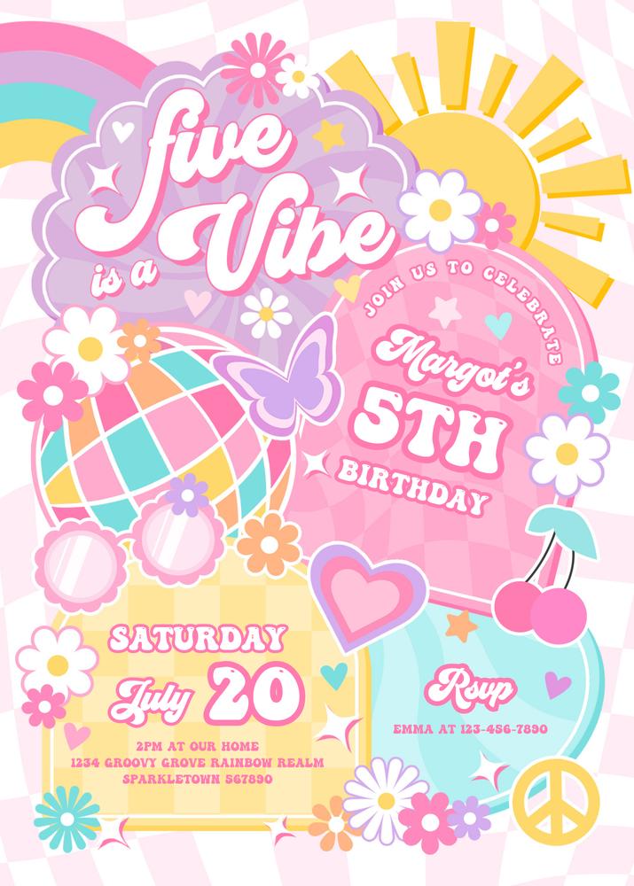 Editable Five Is A Vibe 5th Birthday Invitation | Groovy Rainbow Canva Template