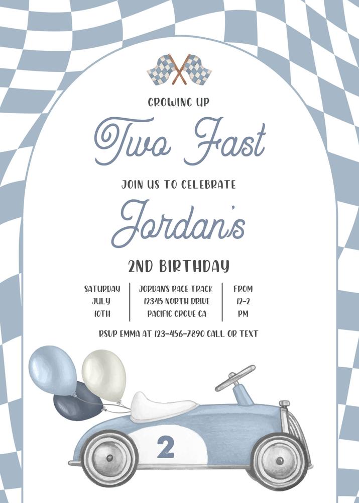 Growing Up Two Fast Birthday Invitation | Vintage Race Car Canva Template