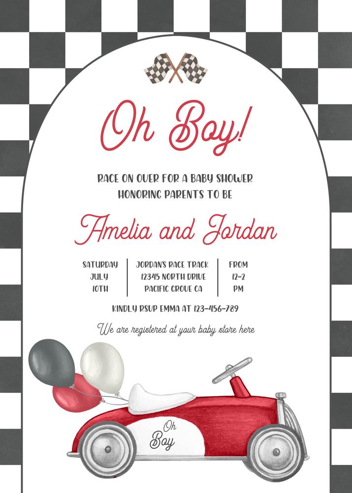 Vintage Race Car Baby Shower Invitation | Editable Canva Template Oh Boy