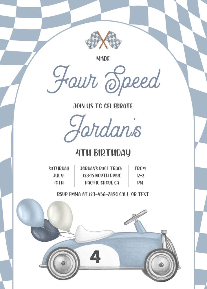 Vintage Race Car 4th Birthday Invitation | Editable Canva Template