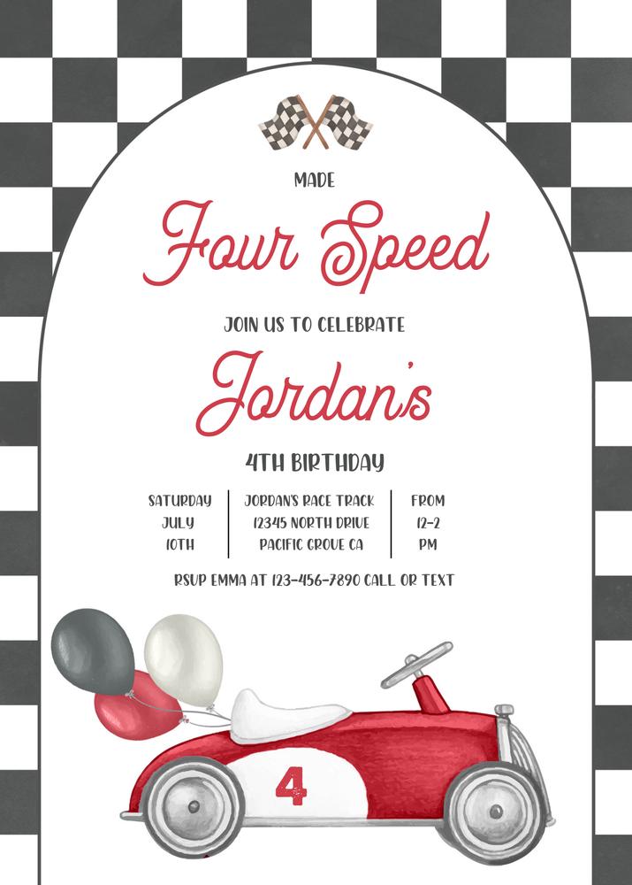 Vintage Race Car 4th Birthday Invitation | Editable Canva Template