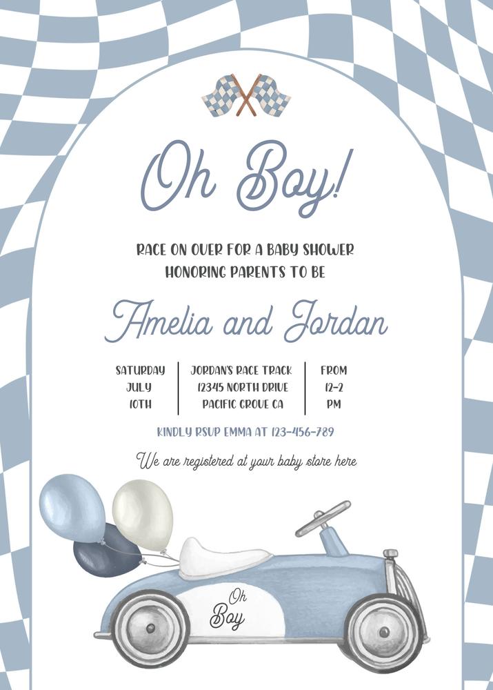 Vintage Race Car Baby Shower Invitation | Editable Canva Template | Oh Boy!