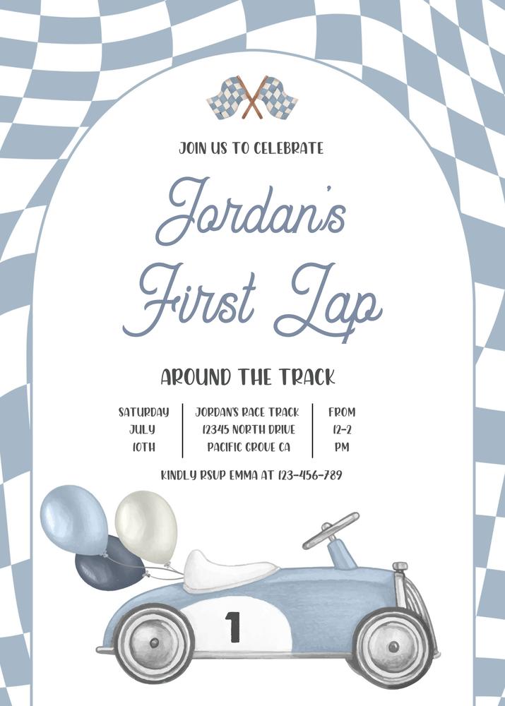 Vintage Race Car 1st Birthday Invitation | First Lap Canva Template