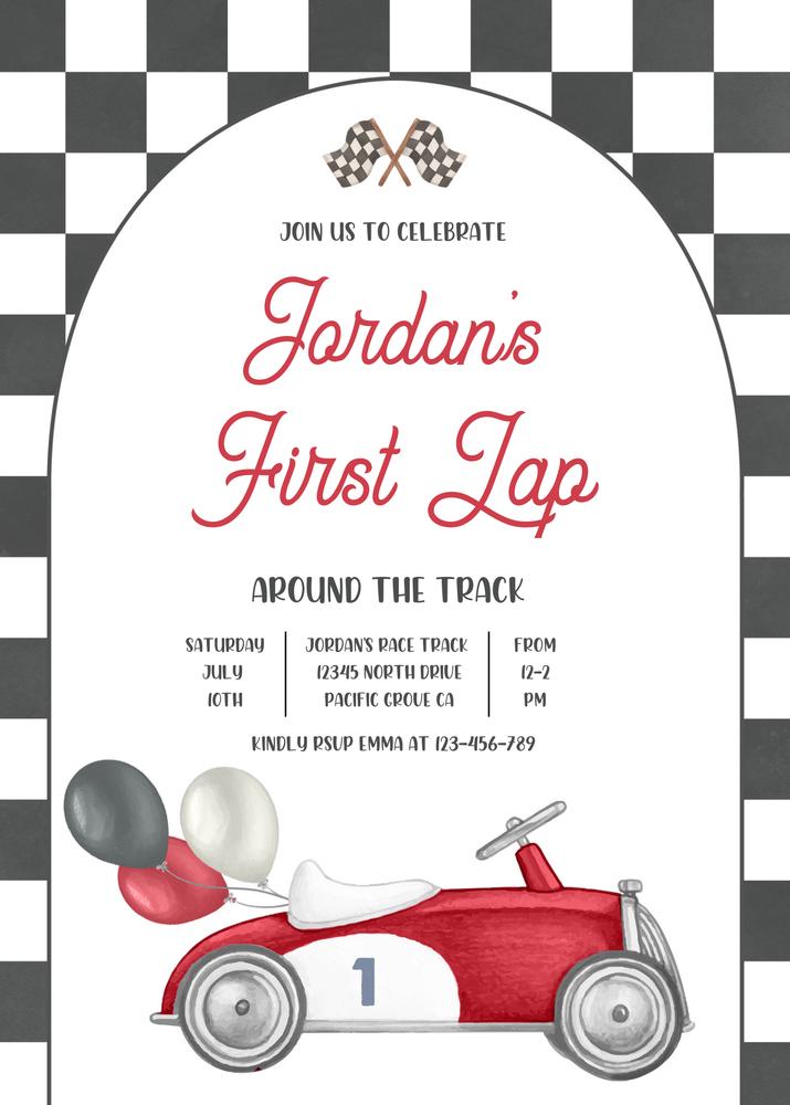 Vintage Race Car 1st Birthday Invitation | First Lap Canva Template