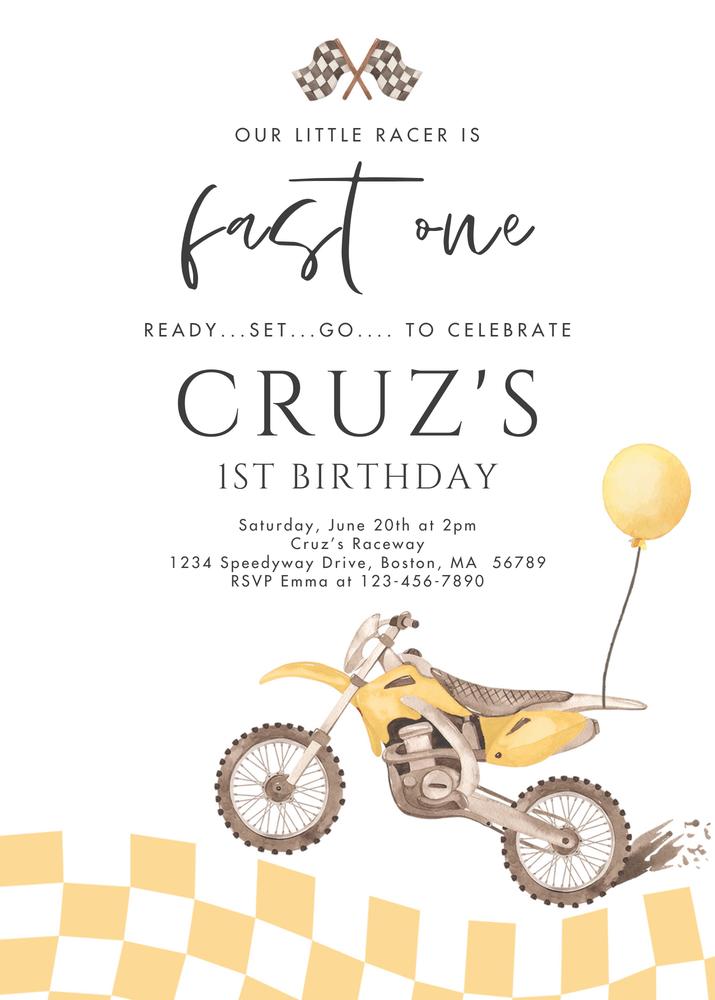 Fast One Dirt Bike 1st Birthday Invitation | Editable Canva Racing Template